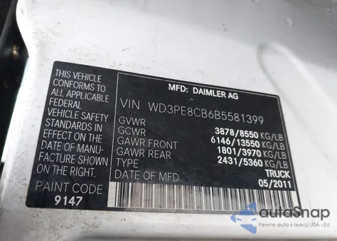 2011 Mercedes-Benz Sprinter 2500 High Roof z USA, uszkodzony, nr VIN WD3PE8CB6B5581399